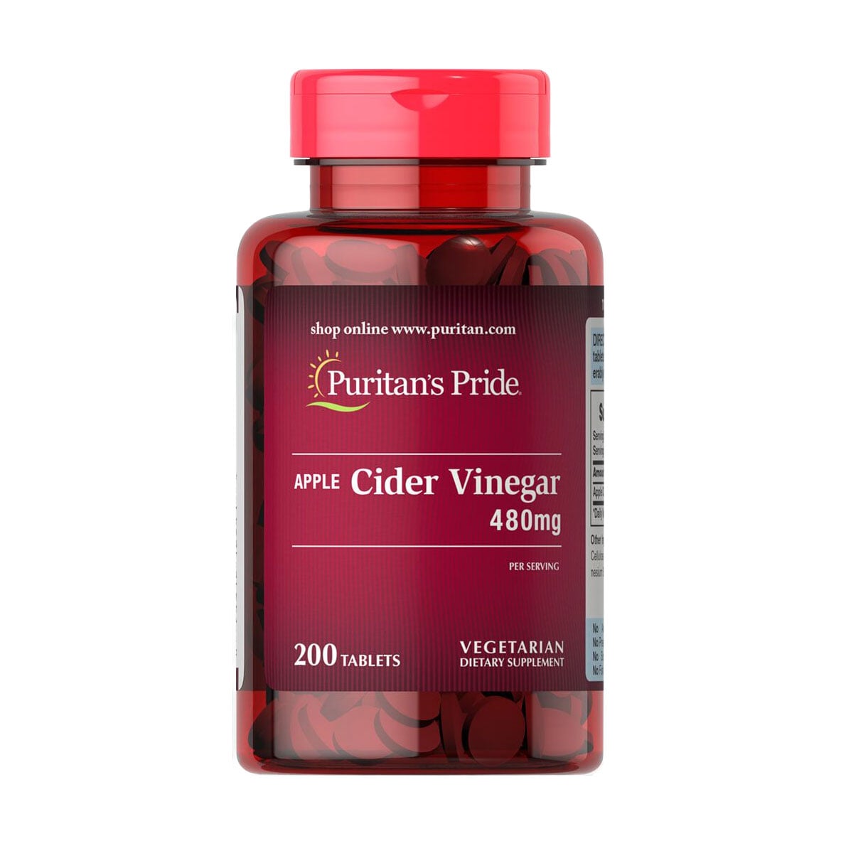 Яблучний оцет Puritan's Pride Apple Cider Vinegar, 480 мг, 200 таблеток